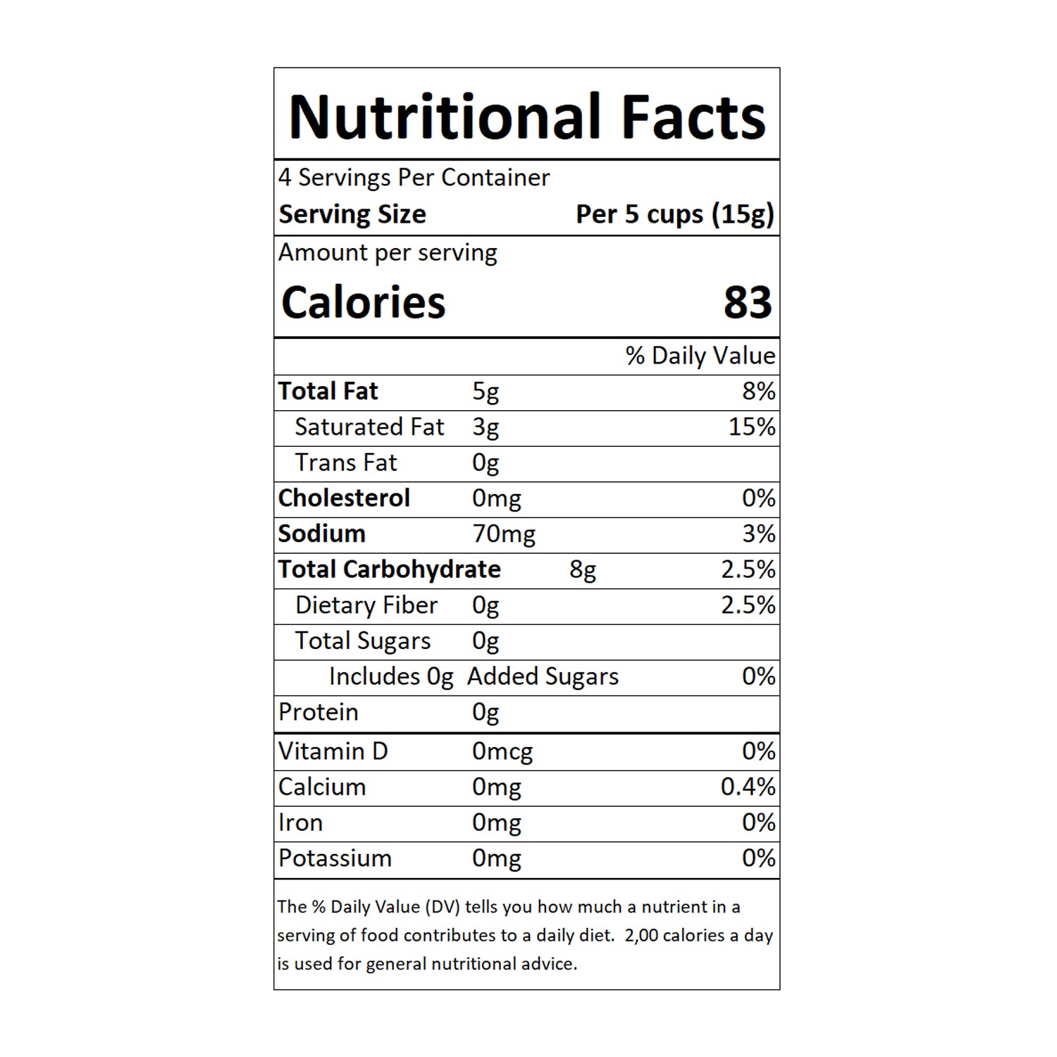 Sable & Rosenfeld - 20 Party Cups Nutritional Facts: A detailed nutrition label displaying serving size, calorie count, fat content, sodium levels, and carbohydrates. These gourmet party cups are perfect for elegant appetizers, hors d'oeuvres, and entertaining guests at any event.