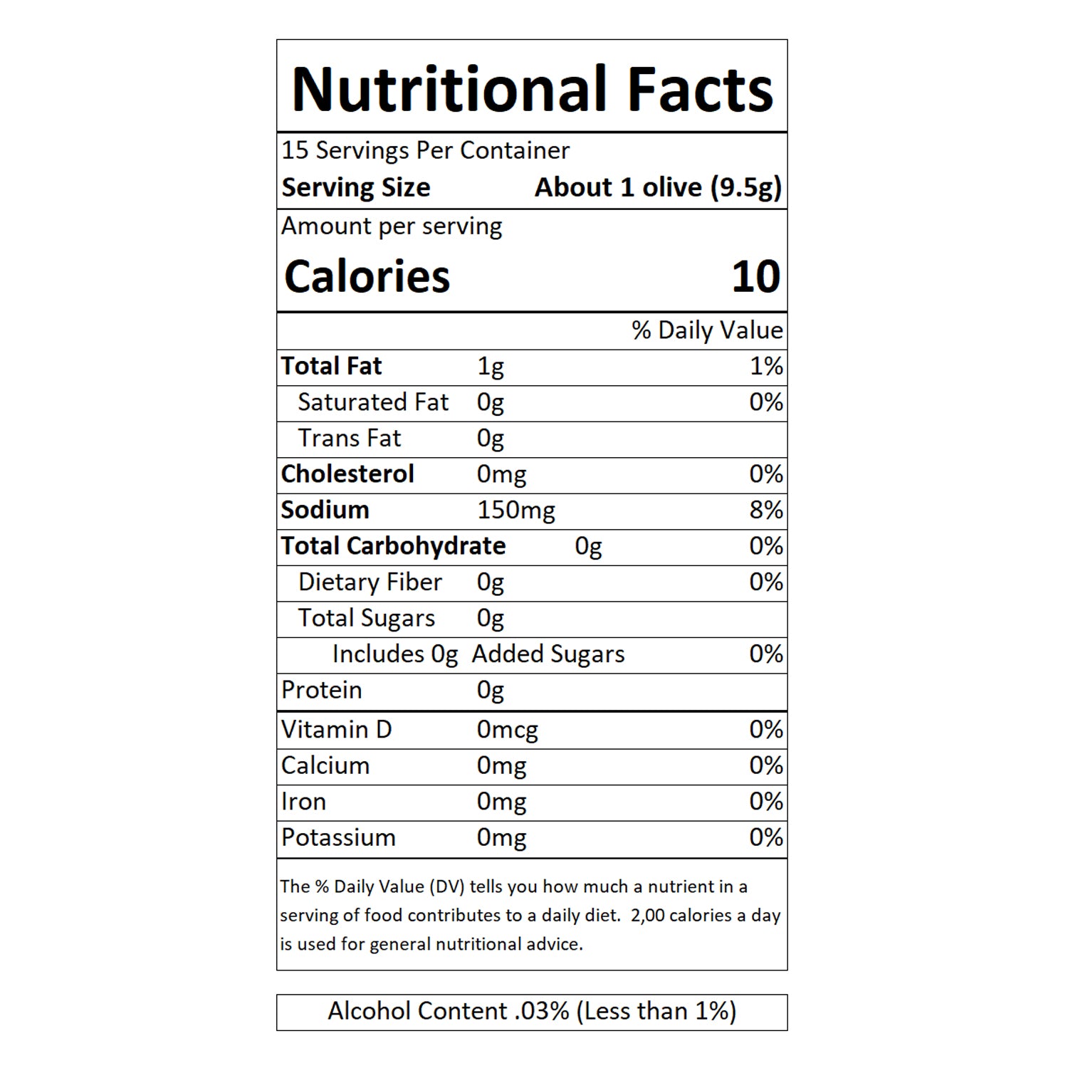 Sable & Rosenfeld - Tipsy Olives Nutritional Facts: A close-up of the nutrition label displaying serving size, calorie count, fat, sodium, carbohydrate, and other dietary information. Gourmet cocktail olives with a touch of alcohol content. Perfect for martinis and charcuterie boards.