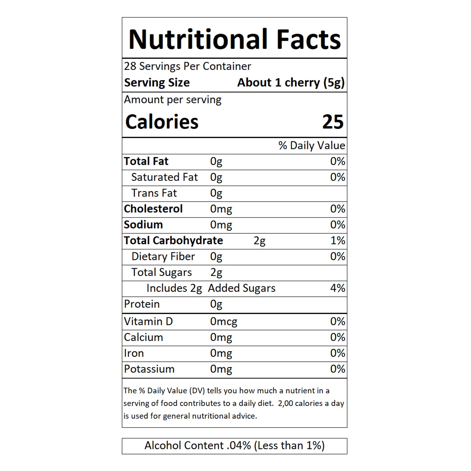 Sable & Rosenfeld - Bourbon Tipsy Dark Reserve Cherries Nutritional Facts: A close-up of the nutrition label detailing serving size, calories, sugar content, and other dietary information. These gourmet dark cherries are infused with rich bourbon, perfect for cocktails, Old Fashioneds, desserts, and gourmet garnishes.