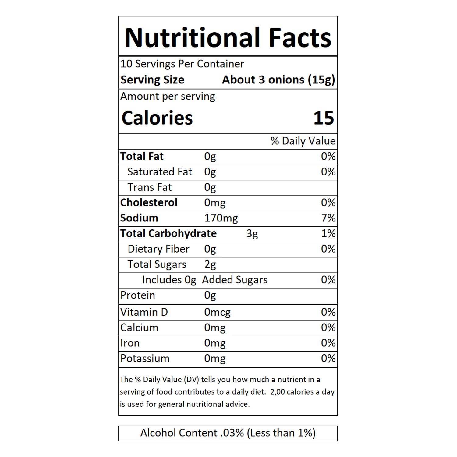 Sable & Rosenfeld - Vermouth Jalapeño Tipsy Onions Nutritional Facts: A close-up of the nutrition label showing serving size, calories, carbohydrates, sugar content, and sodium levels. These gourmet cocktail onions are infused with dry vermouth and a hint of jalapeño for a bold, spicy kick—perfect for enhancing martinis, Bloody Marys, and gourmet appetizers.