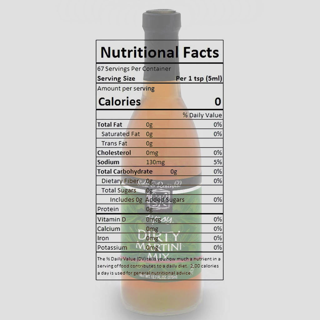 Nutritional facts label for Sable & Rosenfeld Tipsy Dirty Martini Mix, showing 0 calories per 1-teaspoon serving, with 0g of total fat, 130mg of sodium, and 0g of total sugars and carbohydrates. Kosher, Fat-free, Gluten-free 