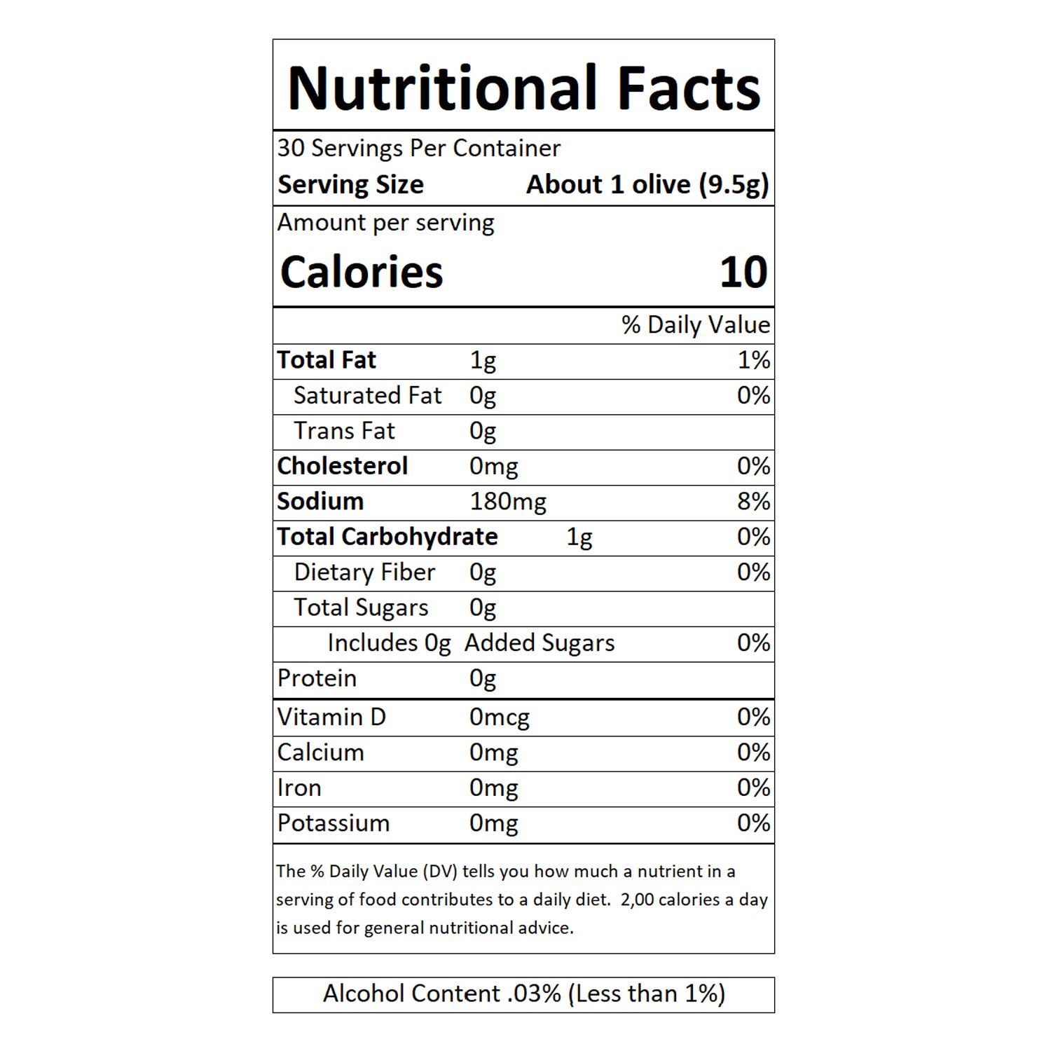 Sable & Rosenfeld - Tipsy Olives 10.6oz Nutritional Facts: A close-up of the nutrition label displaying serving size, calorie count, fat, sodium, carbohydrate, and other dietary information. Gourmet cocktail olives with a touch of alcohol content. Perfect for martinis and charcuterie boards.