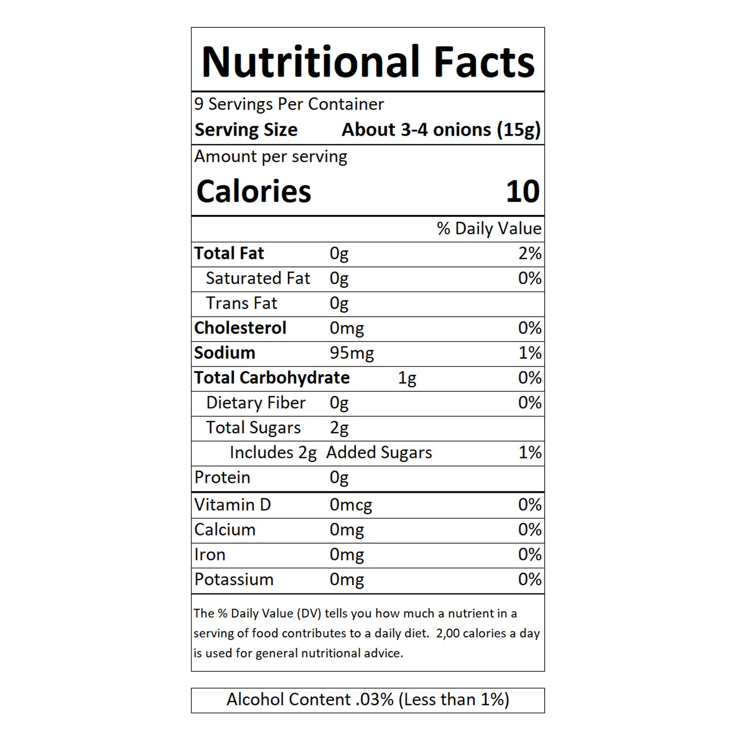 Sable & Rosenfeld - Vermouth Tipsy Onions Nutritional Facts: A detailed nutrition label showcasing serving size, calorie count, sodium content, and sugar levels. These gourmet cocktail onions are infused with vermouth, making them an ideal garnish for martinis and other craft cocktails. A must-have for mixology enthusiasts and gourmet food lovers.