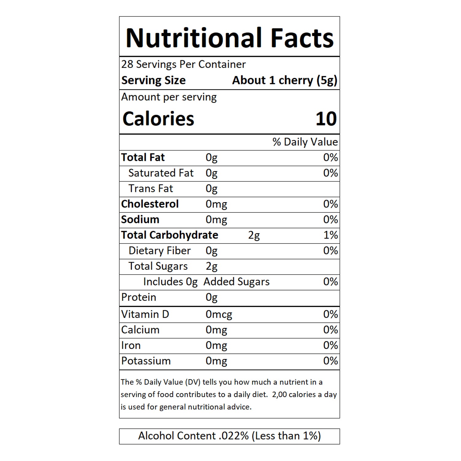 Sable & Rosenfeld - Whiskey Tipsy Cherries Nutritional Facts: A detailed nutrition label displaying serving size, calorie count, sugar content, and alcohol percentage. These gourmet cocktail cherries are infused with whiskey, making them a perfect garnish for old-fashioned cocktails, manhattans, and other craft drinks. Ideal for mixologists and premium cocktail enthusiasts.