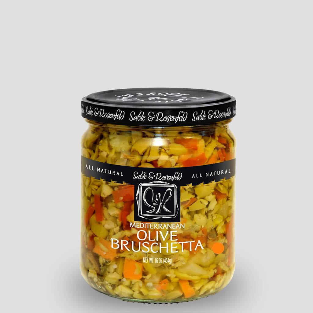 A jar of Sable & Rosenfeld Mediterranean Olive Bruschetta, featuring a colorful blend of chopped olives and vegetables, labeled as all-natural and ideal for appetizers or gourmet cooking.