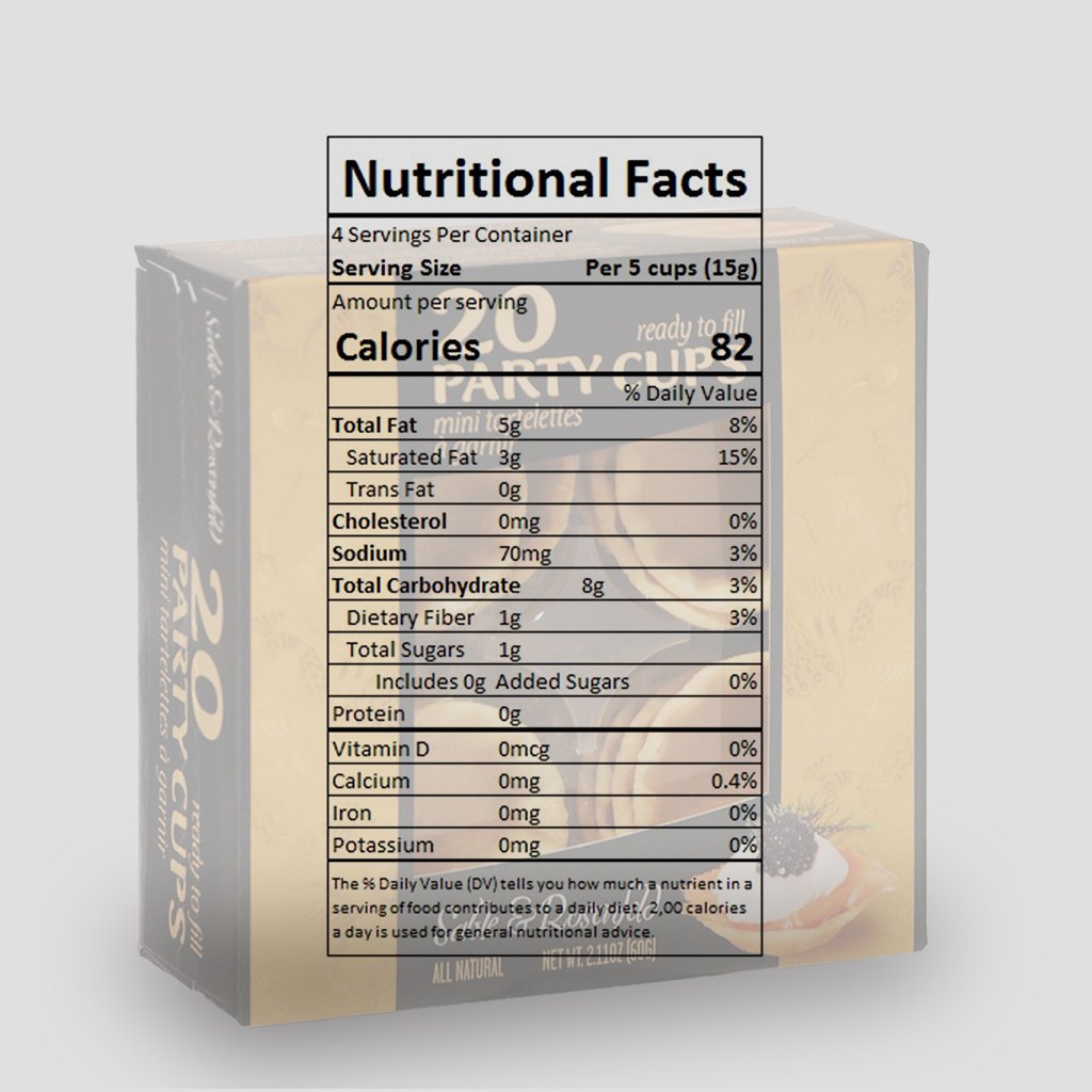 Nutritional facts label for Sable & Rosenfeld Party Cups, detailing calories, fats, sugars, and other essential nutrients.